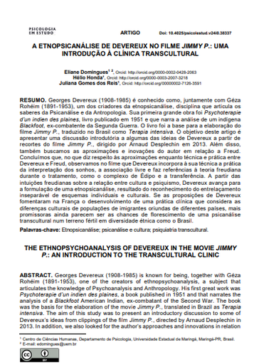 A ETNOPSICANÁLISE DE DEVEREUX NO FILME JIMMY P.: UMA INTRODUÇÃO À CLÍNICA TRANSCULTURAL