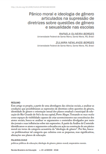 Pânico moral e ideologia de gênero articulados na supressão de diretrizes sobre questões de gênero e sexualidade nas escolas