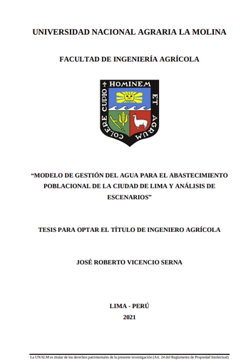 Modelo de gestión del agua para el abastecimiento poblacional de la ciudad de Lima y análisis de escenarios