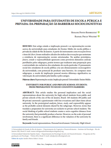 UNIVERSIDADE PARA ESTUDANTES DE ESCOLA PÚBLICA E PRIVADA: DA PREPARAÇÃO ÀS BARREIRAS SOCIOCOGNITIVAS