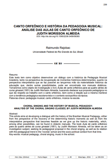 CANTO ORFEÔNICO E HISTÓRIA DA PEDAGOGIA MUSICAL: ANÁLISE DAS AULAS DE CANTO ORFEÔNICO DE JUDITH MORISSON ALMEIDA