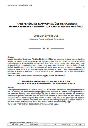 Transferências e apropriações de saberes: Friedrich Bieri e a matemática para o ensino primário