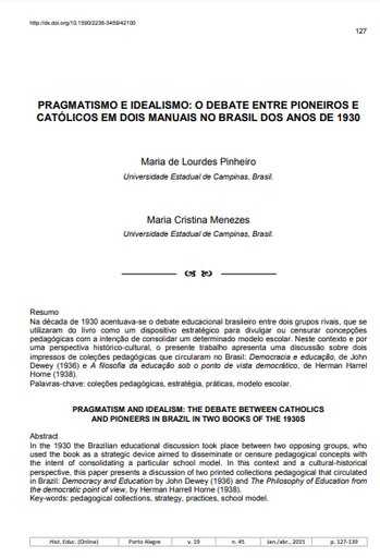 Pragmatismo e idealismo: o debate entre pioneiros e católicos em dois manuais no Brasil dos anos de 1930