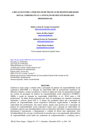 A RELAÇÃO ENTRE A PERCEPÇÃO DE PRÁTICAS DE RESPONSABILIDADE SOCIAL CORPORATIVA E A INTENÇÃO DE ROTATIVIDADE DOS PROFISSIONAIS.