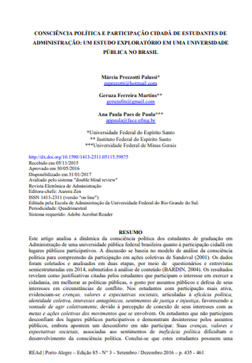 CONSCIÊNCIA POLÍTICA E PARTICIPAÇÃO CIDADÃ DE ESTUDANTES DE ADMINISTRAÇÃO: UM ESTUDO EXPLORATÓRIO EM UMA UNIVERSIDADE PÚBLICA NO BRASIL