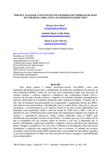 POR QUE ANALISAR A GESTÃO DAS INCUBADORAS DE EMPRESAS DE BASE TECNOLÓGICA SOB A ÓTICA DA RESOURCE-BASED VIEW ?