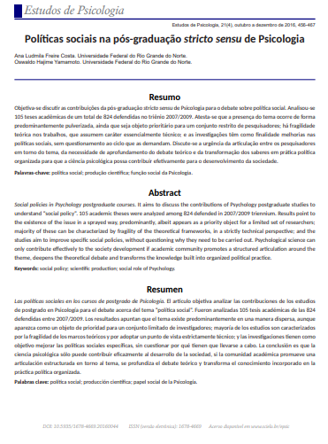Políticas sociais na pós-graduação stricto sensu de Psicologia
