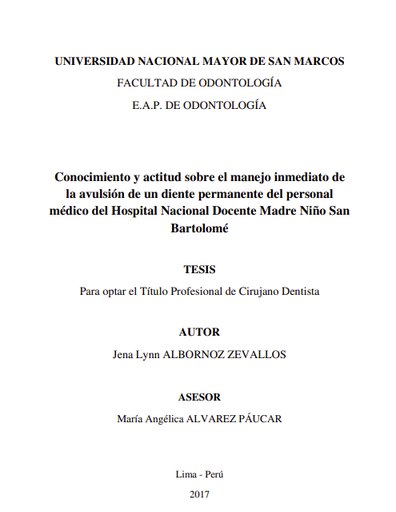 Conocimiento y actitud sobre el manejo inmediato de la avulsión de un diente permanente