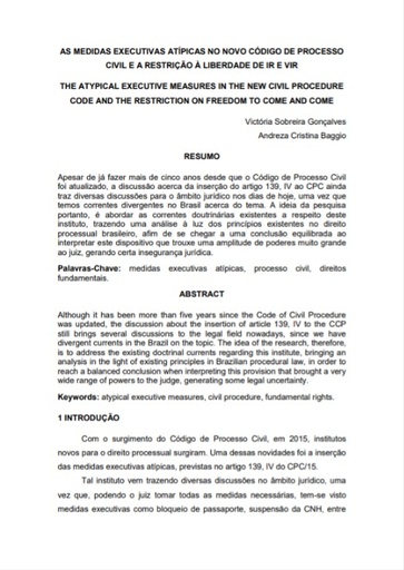 As medidas executivas atípicas no novo código de processo civil e a restrição à liberdade de ir e vir