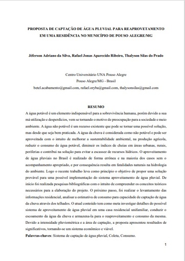 Proposta de captação de água pluvial para reaproveitamento em uma residência no município de Pouso Alegre/MG