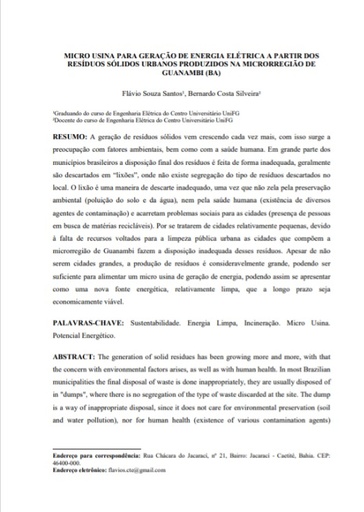 Micro usina para geração de energia elétrica a partir dos resíduos sólidos urbanos produzidos na microrregião de Guanambi (BA)