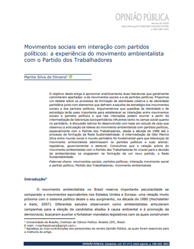 Movimentos sociais em interação com partidos políticos: a experiência do movimento ambientalista com o Partido dos Trabalhadores
