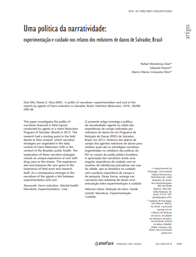 Uma política da narratividade: experimentação e cuidado nos relatos dos redutores de danos de Salvador, Brasil