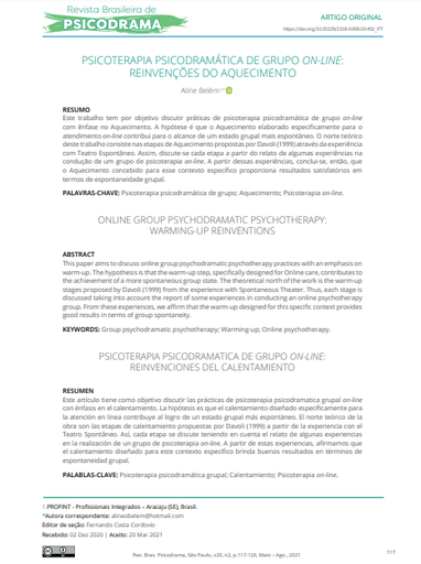 PSICOTERAPIA PSICODRAMÁTICA DE GRUPO ON-LINE: REINVENÇÕES DO AQUECIMENTO