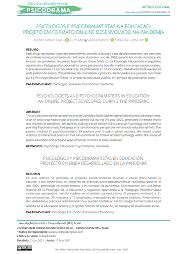 PSICÓLOGOS E PSICODRAMATISTAS NA EDUCAÇÃO: PROJETO EM FORMATO ON-LINE DESENVOLVIDO NA PANDEMIA