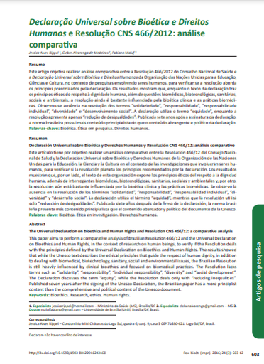 Declaração Universal sobre Bioética e Direitos Humanos e Resolução CNS 466/2012: análise comparativa