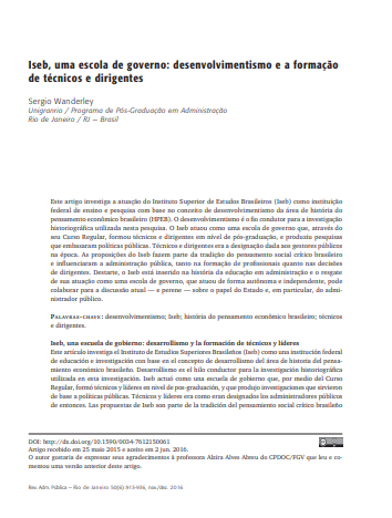 Iseb, uma escola de governo: desenvolvimentismo e a formação de técnicos e dirigentes