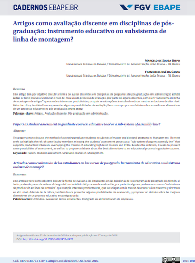 Artigos como avaliação discente em disciplinas de pós-graduação: instrumento educativo ou subsistema de linha de montagem?