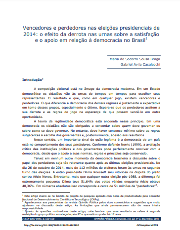 Vencedores e perdedores nas eleições presidenciais de 2014: o efeito da derrota nas urnas sobre a satisfação e o apoio em relação à democracia no Brasil