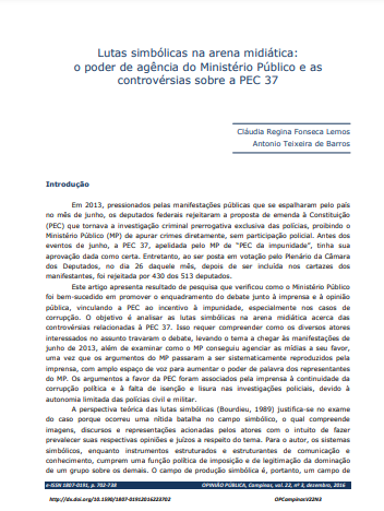 Lutas simbólicas na arena midiática: o poder de agência do Ministério Público e as controvérsias sobre a PEC 37