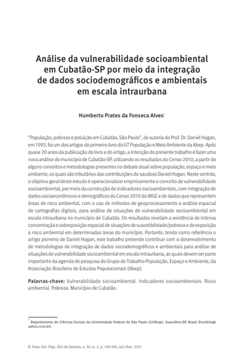 Análise da vulnerabilidade socioambiental em Cubatão-SP por meio da integração de dados sociodemográficos e ambientais em escala intraurbana