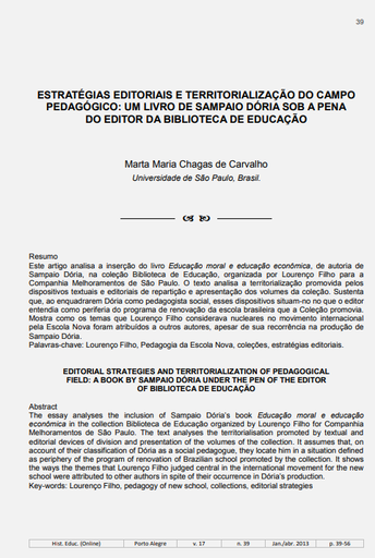 Estratégias editoriais e territorialização do campo pedagógico: um livro de Sampaio Dória sob a pena do editor da Biblioteca de Educação