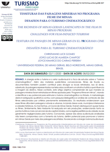 TESSITURAS DAS PAISAGENS MINEIRAS NO PROGRAMA FILME EM MINAS: DESAFIOS PARA O TURISMO CINEMATOGRÁFICO