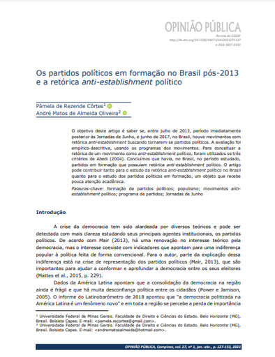 Os partidos políticos em formação no Brasil pós-2013 e a retórica anti-establishment político