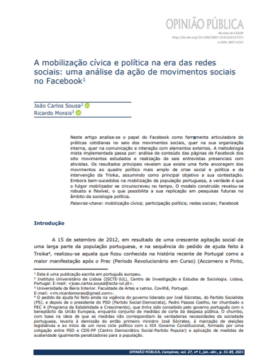 A mobilização cívica e política na era das redes sociais: uma análise da ação de movimentos sociais no Facebook