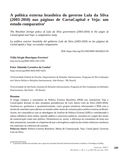 A política externa brasileira do governo Lula da Silva (2003-2010) nas páginas de CartaCapital e Veja: um estudo comparativo