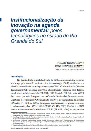 Institucionalização da inovação na agenda governamental: polos tecnológicos no estado do Rio Grande do Sul