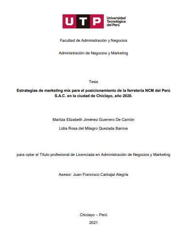 Estrategias de marketing mix para el posicionamiento de la ferretería NCM del Perú S.A.C. en la ciudad de Chiclayo, 2020