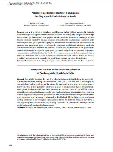 Percepções dos Profissionais sobre a Atuação dos Psicólogos nas Unidades Básicas de Saúde