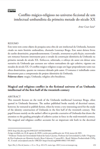 Conflito mágico-religioso no universo ficcional de um intelectual umbandista da primeira metade do século XX