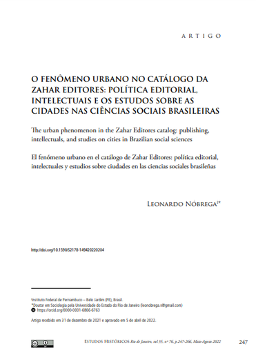 O FENÔMENO URBANO NO CATÁLOGO DA ZAHAR EDITORES: POLÍTICA EDITORIAL, INTELECTUAIS E OS ESTUDOS SOBRE AS CIDADES NAS CIÊNCIAS SOCIAIS BRASILEIRAS