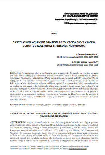 O CATOLICISMO NOS LIVROS DIDÁTICOS DE EDUCACIÓN CÍVICA Y MORAL DURANTE O GOVERNO DE STROESSNER, NO PARAGUAI