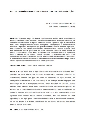 Análise do assédio sexual no trabalho e sua devida reparação