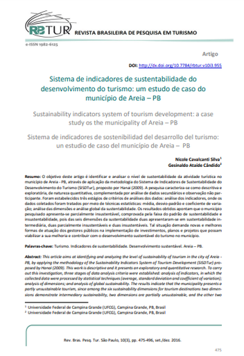 System of Sustainability Indicators for Tourism Development: a case study of the municipality of Areia - PB