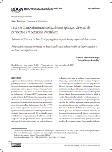 Finanças Comportamentais no Brasil: uma aplicação da teoria da perspectiva em potenciais investidores