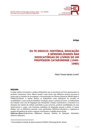 EU TE DEDICO: HISTÓRIA, EDUCAÇÃO E SENSIBILIDADES NAS DEDICATÓRIAS DE LIVROS DE UM PROFESSOR CATARINENSE (1940-1980)