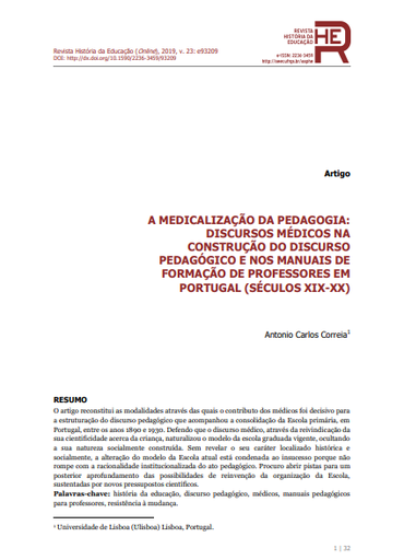 A MEDICALIZAÇÃO DA PEDAGOGIA: DISCURSOS MÉDICOS NA CONSTRUÇÃO DO DISCURSO PEDAGÓGICO E NOS MANUAIS DE FORMAÇÃO DE PROFESSORES EM PORTUGAL (SÉCULOS XIX-XX)