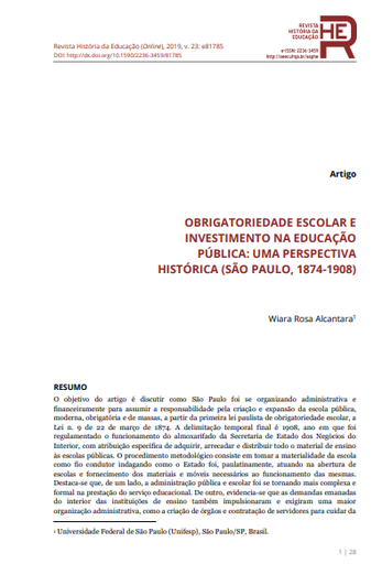 OBRIGATORIEDADE ESCOLAR E INVESTIMENTO NA EDUCAÇÃO PÚBLICA: UMA PERSPECTIVA HISTÓRICA (SÃO PAULO, 1874-1908)