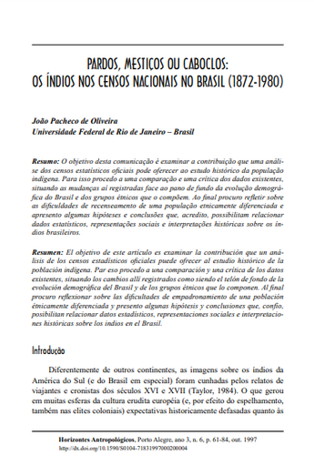 Pardos, mestiços ou caboclos: os índios nos censos nacionais no Brasil (1872-1980)