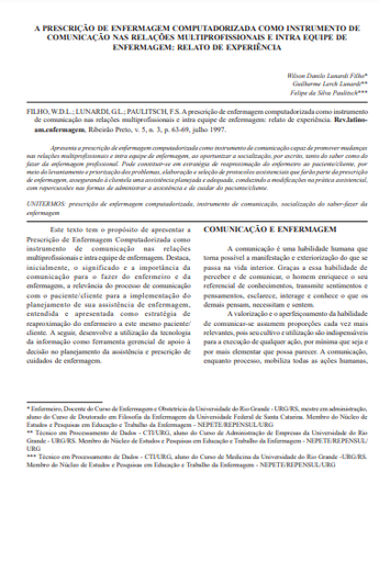 A prescrição de enfermagem computadorizada como instrumento de comunicação nas relações multiprofissionais e intra equipe de enfermagem: relato de experiência