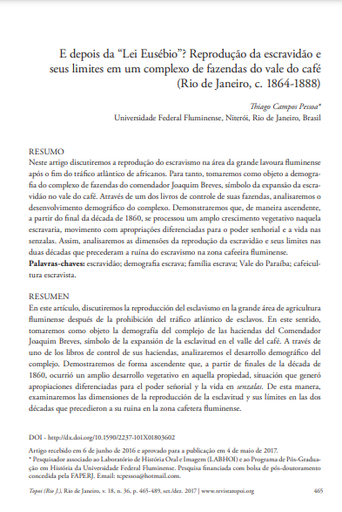 E depois da “Lei Eusébio”? Reprodução da escravidão e seus limites em um complexo de fazendas do vale do café (Rio de Janeiro, c. 1864-1888)