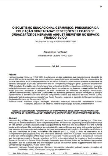 O ECLETISMO EDUCACIONAL GERMÂNICO, PRECURSOR DA EDUCAÇÃO COMPARADA? RECEPÇÕES E LEGADO DE GRUNDSÄTZE DE HERMANN AUGUST NIEMEYER NO ESPAÇO FRANCO-SUÍÇO