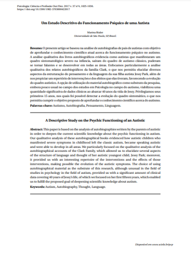 Um Estudo Descritivo do Funcionamento Psíquico de uma Autista