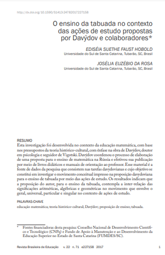 O ensino da tabuada no contexto das ações de estudo propostas por Davýdov e colaboradores
