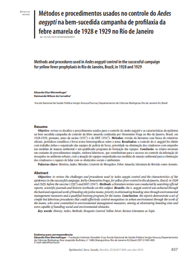 Métodos e procedimentos usados no controle do Aedes aegypti na bem-sucedida campanha de profilaxia da febre amarela de 1928 e 1929 no Rio de Janeiro