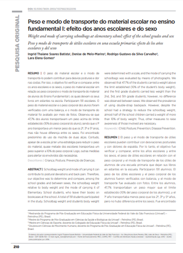 Peso e modo de transporte do material escolar no ensino fundamental I: efeito dos anos escolares e do sexo